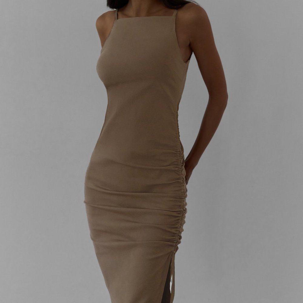 Drawstring side-slit midi dress